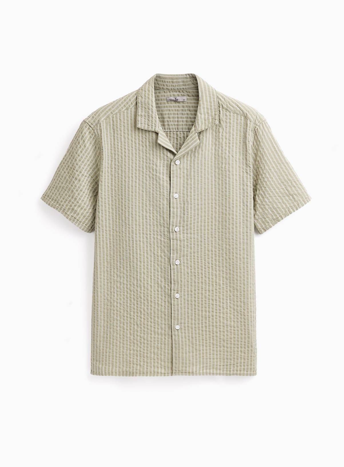 Light Green Stripe Print Seersucker Revere Neck Shirt M - Image 3